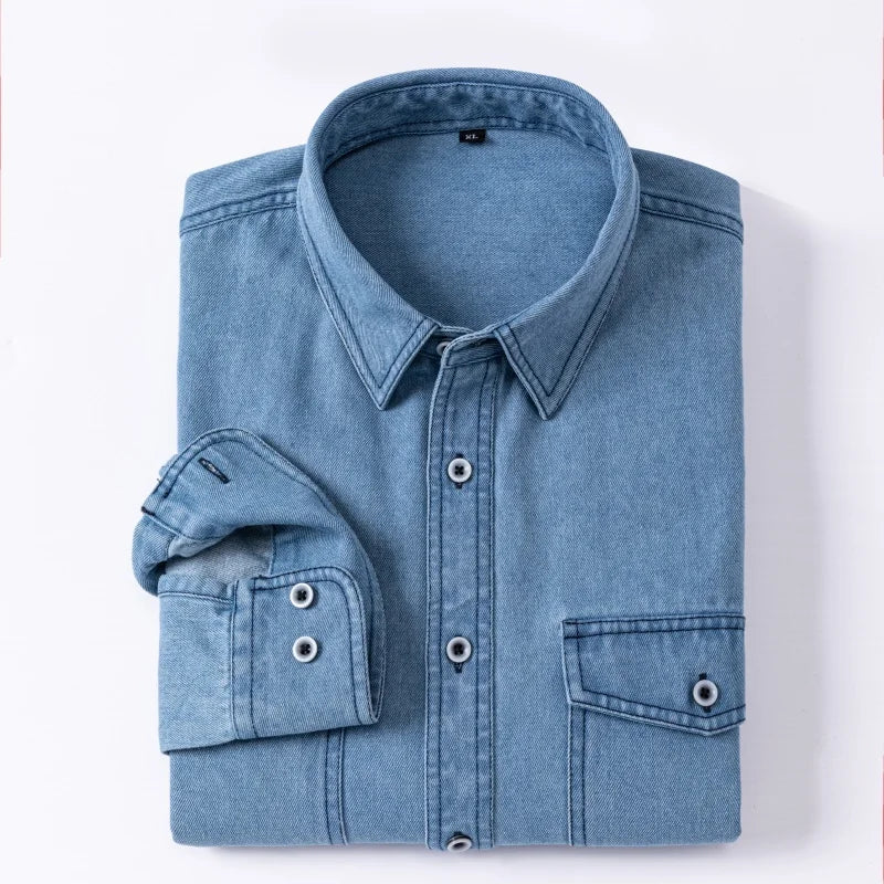 Daily Pure Cotton Double-pocket Denim Shirt Wrinkle-free Men's Casual Sports Top Trendy Comfortable Collared Shirt Men