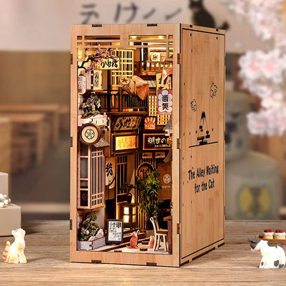 Zuuton DIY Wooden Book Nook Shelf Insert Kit Japanese Alley Miniature Model with LED Light 3D Puzzle Bookend Creative Gift Home