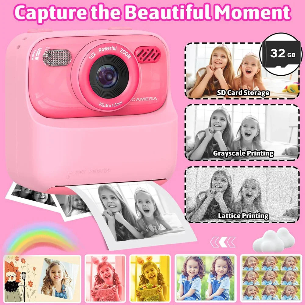 Upgrade Kids Camera Instant 1080P HD Dual Lens Selfie Digital Camera for Girls Boys Christmas Birthday Gifts Toys With 32G Print