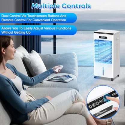 Portable air conditioner for home bedroom kitchen use, black plastic unit with 3-in-1 cooling fan, 3 modes 3-speed remote contr