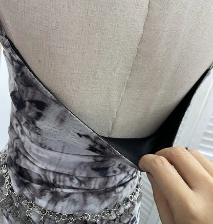 Women's Vintage Tie-dye Printed Mesh Spaghetti Strap Camisole Hot Girl Irregular Ruffled Ribbon Sleeveless Top Partyclub 1185