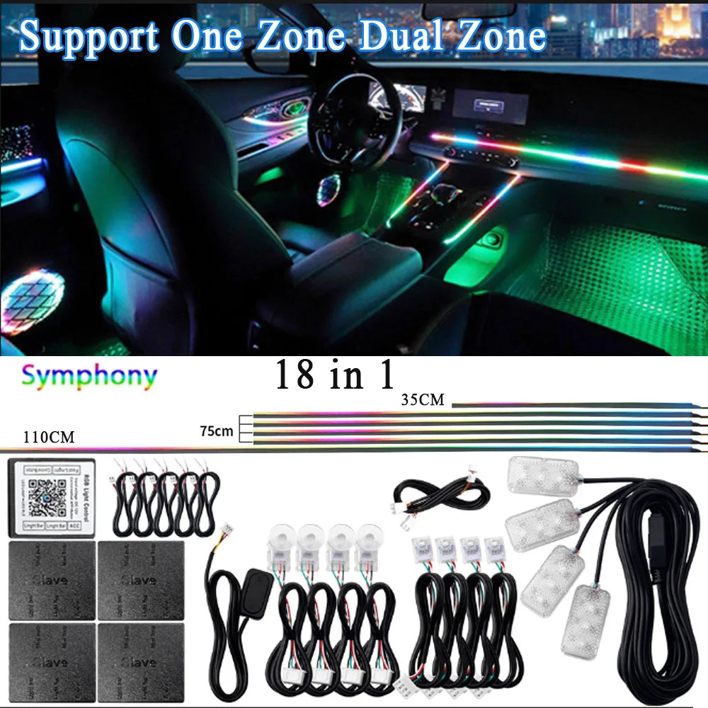 18/22 in 1 Led Acrylic Ambient Lamp 64 213 Color RGB Blutooth APP Control Car Atmosphere Lights Support One Zone Dual Zone 12V