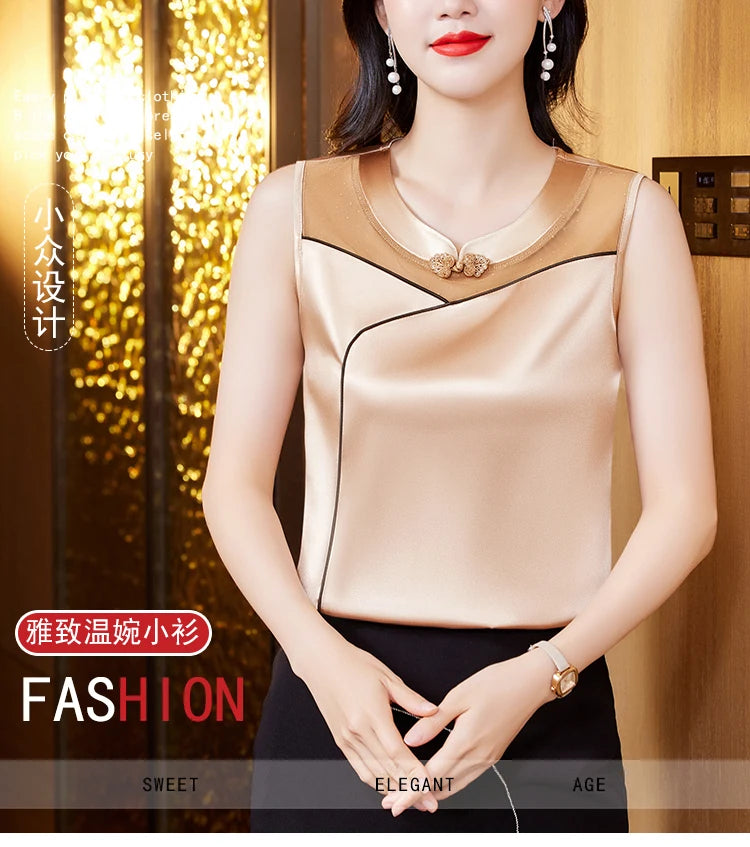 M-5XL 2024 New Fashion Women Tank top Spring Summer Sleeveless Silk Satin Vest Shirt Patchwork Mesh Clothing