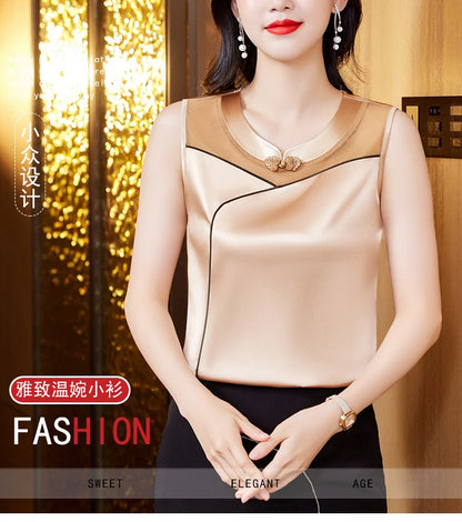 M-5XL 2024 New Fashion Women Tank top Spring Summer Sleeveless Silk Satin Vest Shirt Patchwork Mesh Clothing