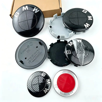 7pcs for BMW E36 E46 E53 E90 E60 E61 E93 E87 50th Car Hood Front Rear Trunk Emblem Wheel Center Hub Cap X1 X3 X5 F30 F20 G30