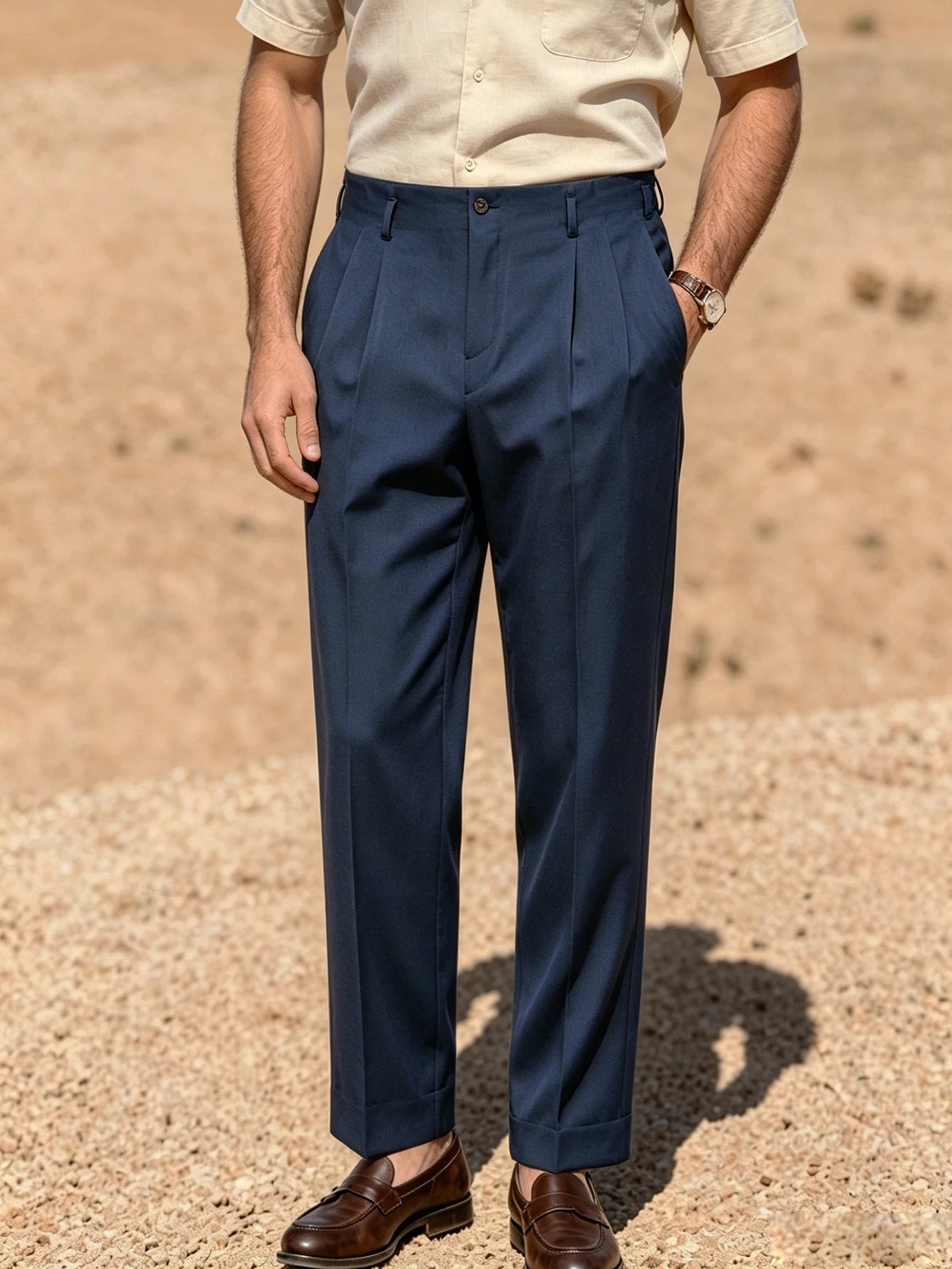 2026 SS Men Solid Woven Naples Pleated Suit Pants, Loose Straight Leg Formal Trousers, Business Commuter Casual Dress Trousers