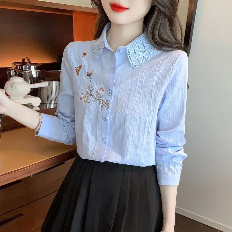 Embroidery Women Spring Autumn Blouses Shirts Lady Casual Long Sleeve Turn-down Collar Solid Color Blusas Tops DF4775