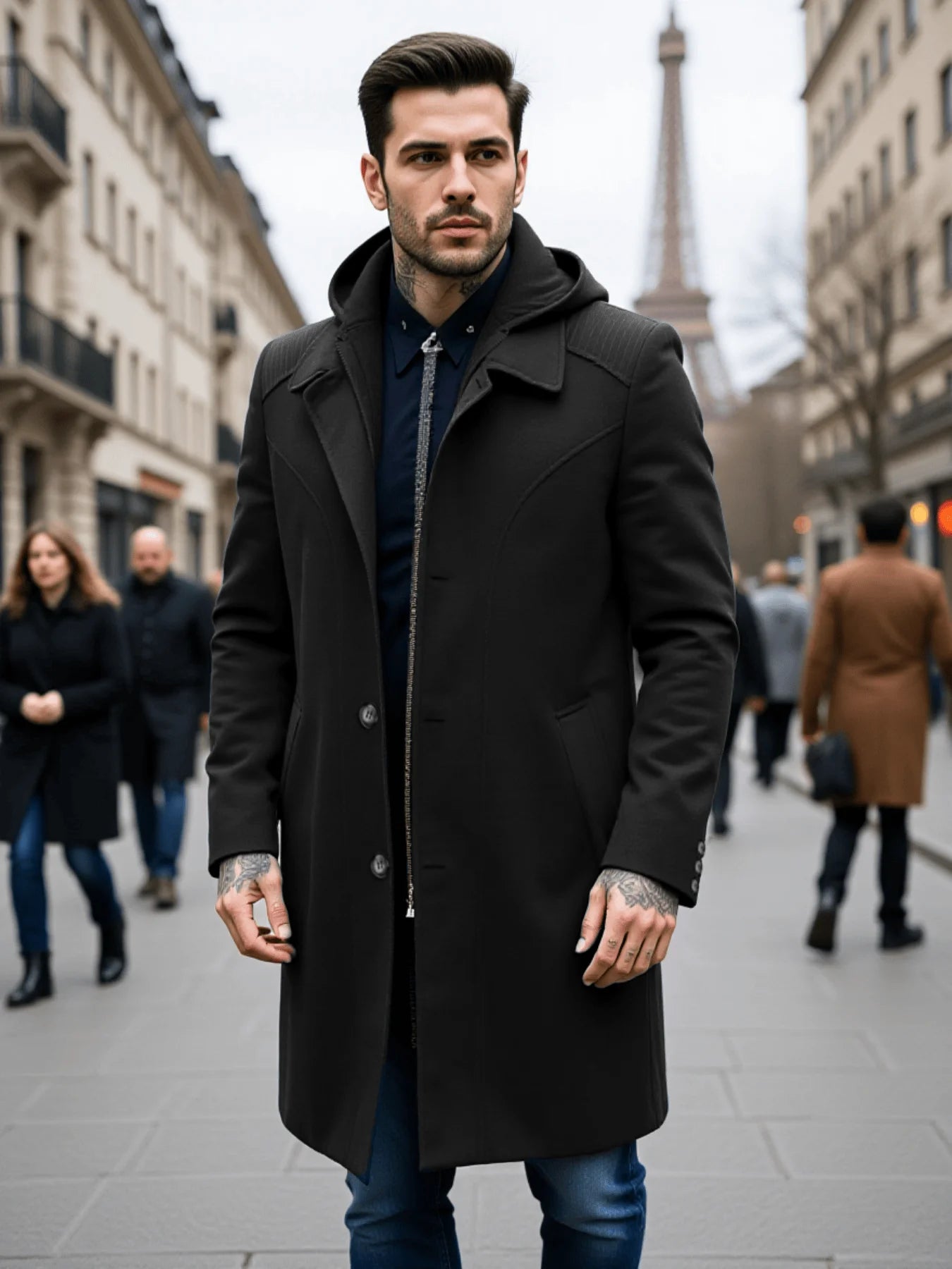 Men's Autumn/Winter Thickened Zip-Front Trench Coat Warm & Fashionable Simple Business Style for Commuting and Daily Wear