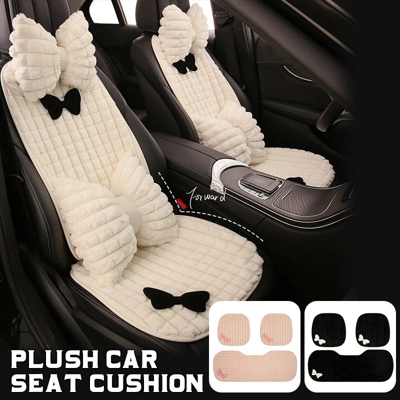 Bowknot Women's Car Seat Cover Winter Plush Warm Girl Cute Car Cushion Pink Bow Headrest Waist Car Interior Accessories