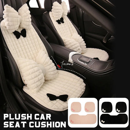 Bowknot Women's Car Seat Cover Winter Plush Warm Girl Cute Car Cushion Pink Bow Headrest Waist Car Interior Accessories