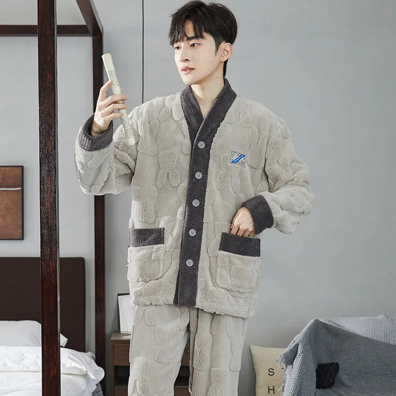 2025 New Couple Sleepwear Men's Autumn Winter Stand Collar Zipper Thick Long Sleeve Coral Fleece Home Clothes Men's Pyjamas