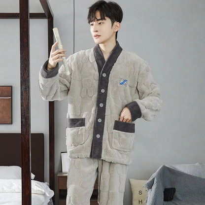 2025 New Couple Sleepwear Men's Autumn Winter Stand Collar Zipper Thick Long Sleeve Coral Fleece Home Clothes Men's Pyjamas