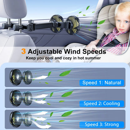 Hipacool Extension Arm Dual-Head Fan for Car Headrest 360° Rotation Air Cooling Fan Angle Adjustable 3-Speed Wind Brushless Fan