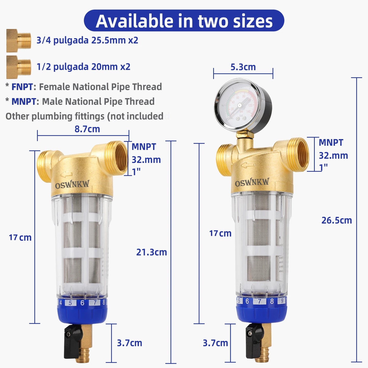 OSWNKW-05 Pre Filter Purifier Whole House Spin Down Sediment Water Filter Central Prefilter System Backwash Stainless Steel Mesh
