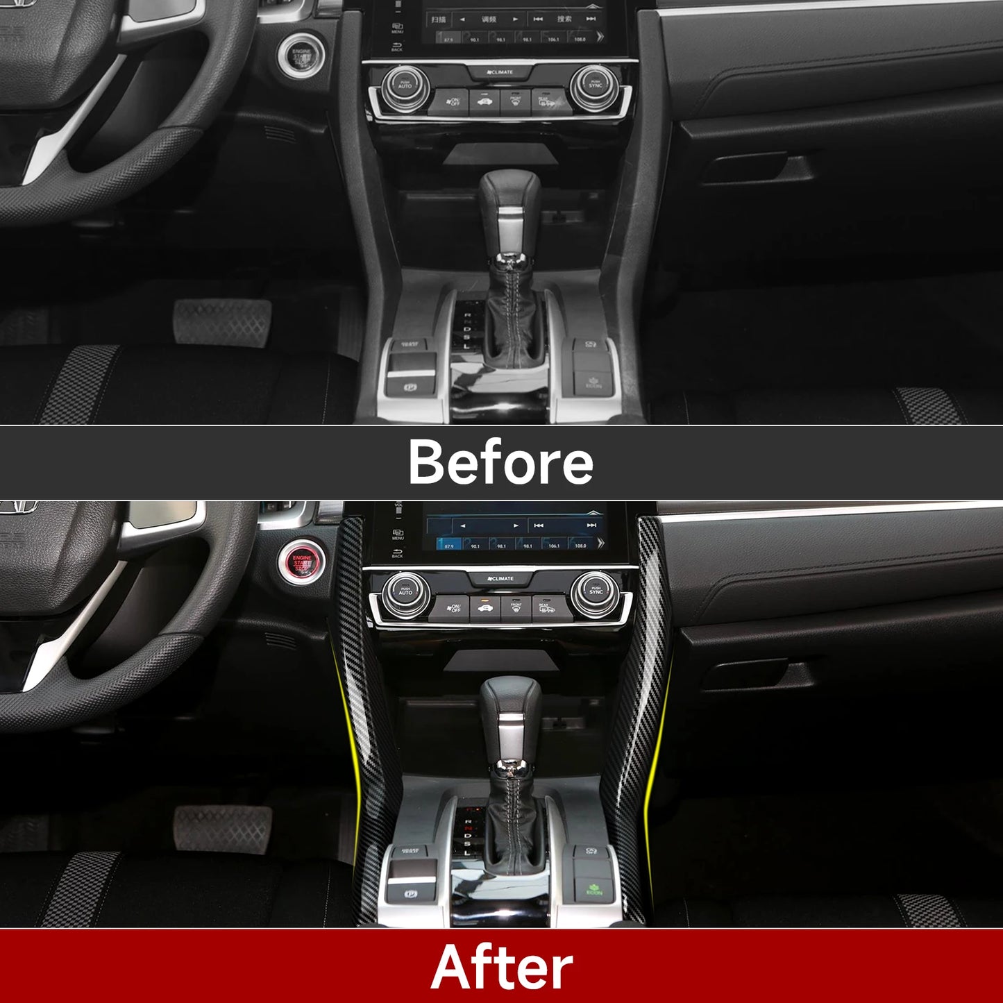 For Honda Civic 10th Gen (2016 -2021) Interior Accessories, Car Center Console Gear Shift Panel , Carbon Fiber ABS Trim Sticker
