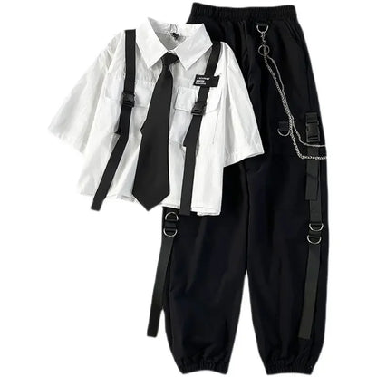 Casual Cargo Pants Suit for Women, Spring Streetwear High-Waist Straight Ribbon Pants with Short-Sleeved Shirt Two-piece Set