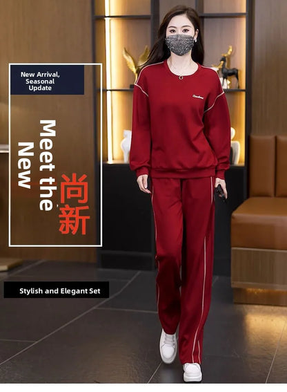 Ladies Large Size Cotton Embroidered Sportswear Set Casual Long Pants Two-Piece Fashionable Outfit for plus Size Women