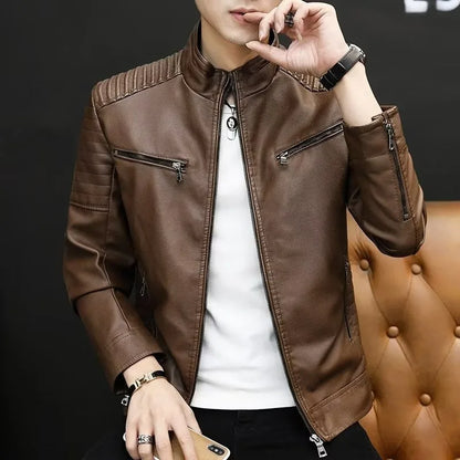 A Slim and Thickened Leather Jacket Men Casual Jacket for Motorcycles Trendy PU Winter Fashionable Leather Jacket Spring Autumn