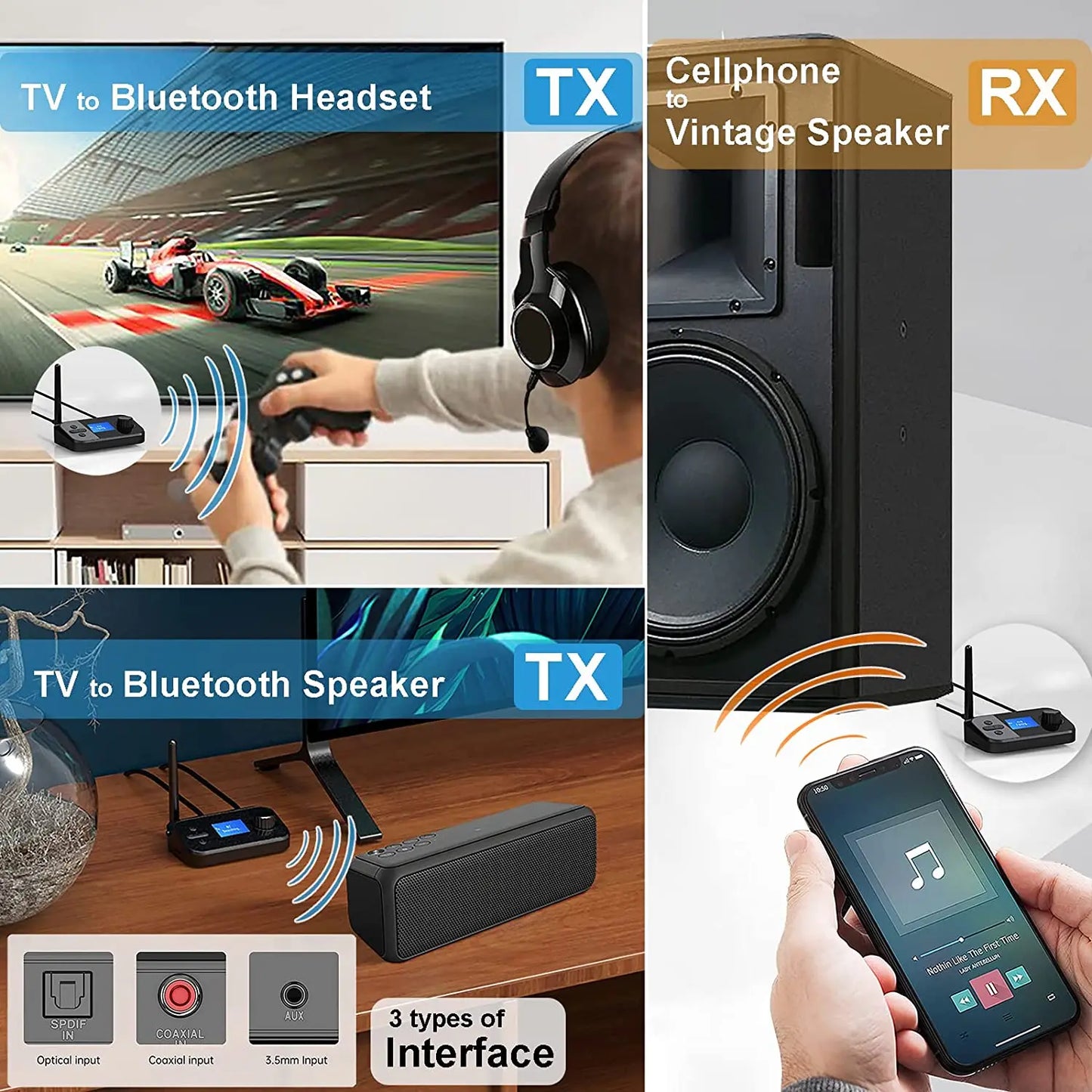6 in 1 Long Range Bluetooth 5.1 Audio Transmitter Receiver RCA 3.5mm AUX USB Dongle Stereo Wireless Adapter For PC TV Headphones