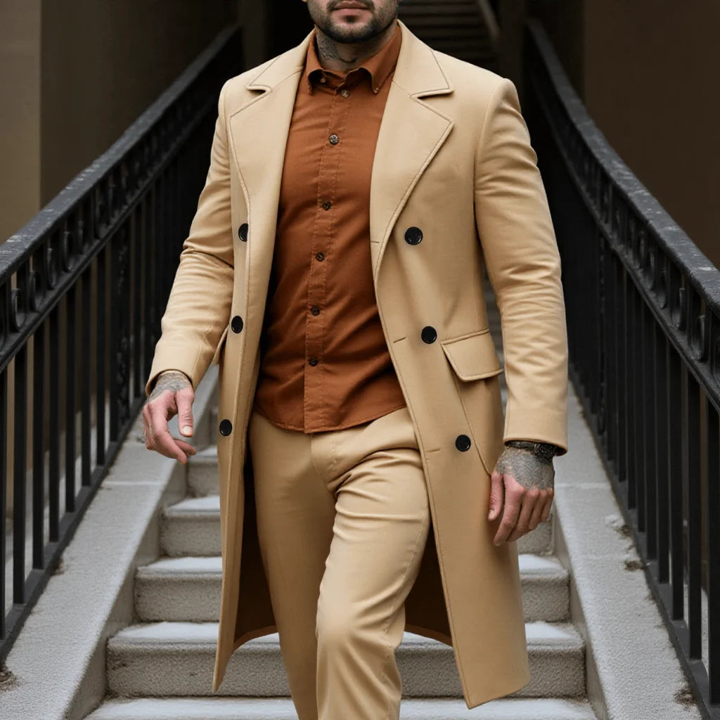 New Men's Elegant Woolen Overcoat Long Jacket For Early Autumn Warm Outdoor Street Style Commute Wear Double-Breasted