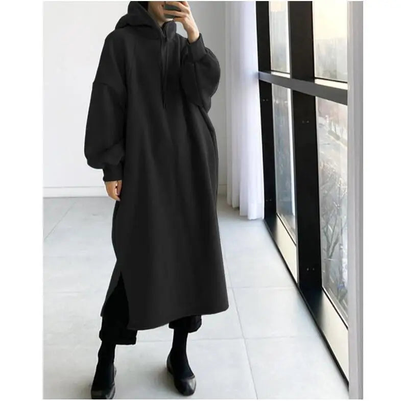 Korean Style Fleece Lined Long Hoodie Dress Women's Thickened Split Slimming Autumn Winter Dress Cotton Polyester Blend