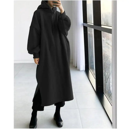 Korean Style Fleece Lined Long Hoodie Dress Women's Thickened Split Slimming Autumn Winter Dress Cotton Polyester Blend
