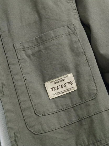 Men's Vintage Army Green Casual Denim Shirt, 100% Cotton Long Sleeve Lapel Work Shirt with Pockets