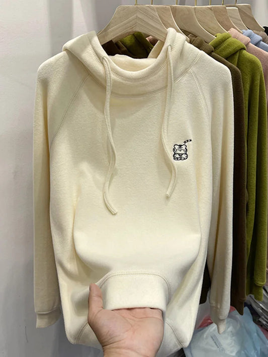 Women's Loose Fit Hoodie Korean Sle Embroidered Dstring Fce Lined Sweatirt Autumn Winter New Arrival