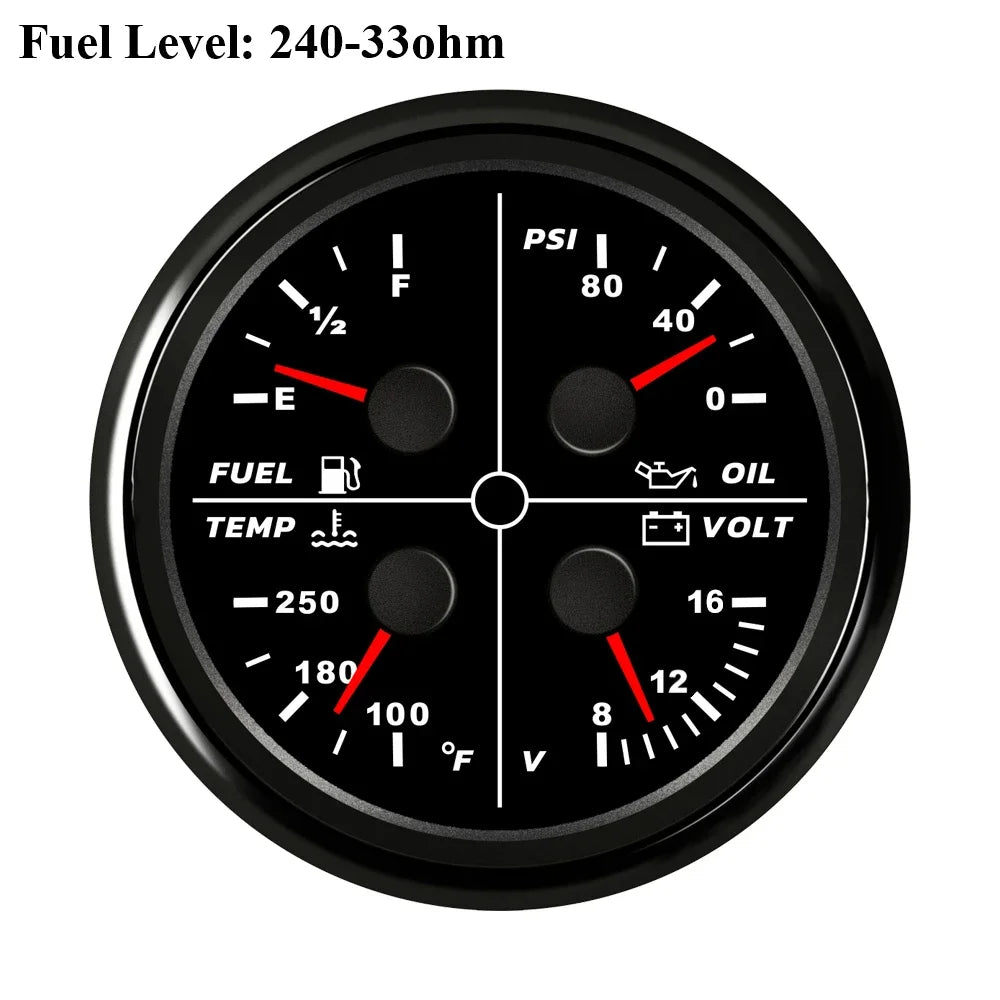 ELING Waterproof Auto Marine 85mm 4 in 1 Gauge Oil Pressure Water Temp Fuel Level Voltmeter for Motorcycle 8-16V