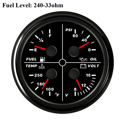 ELING Waterproof Auto Marine 85mm 4 in 1 Gauge Oil Pressure Water Temp Fuel Level Voltmeter for Motorcycle 8-16V