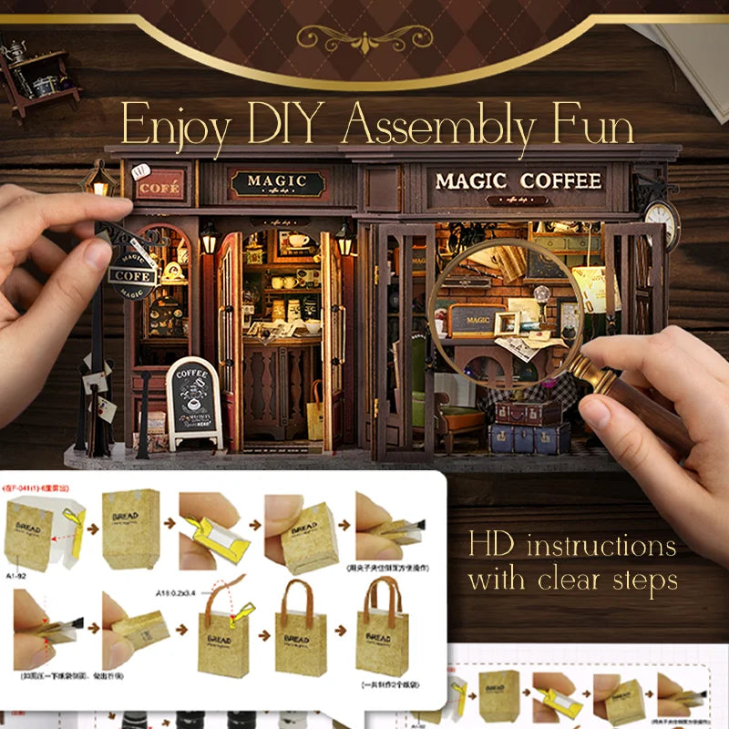 CUTEBEE Dollhouse Miniature with Furniture 3D DIY Wooden Dollhouse Kit with Dust Proof Creative Room Home Decor for Coffee Shops