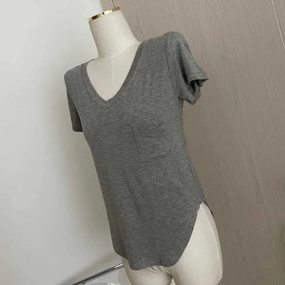 Women's Solid Color T-Shirt Summer Thin Fashion V-Neck Short Sleeve Loose Tees Casual Korean Soft Basic Top For Women