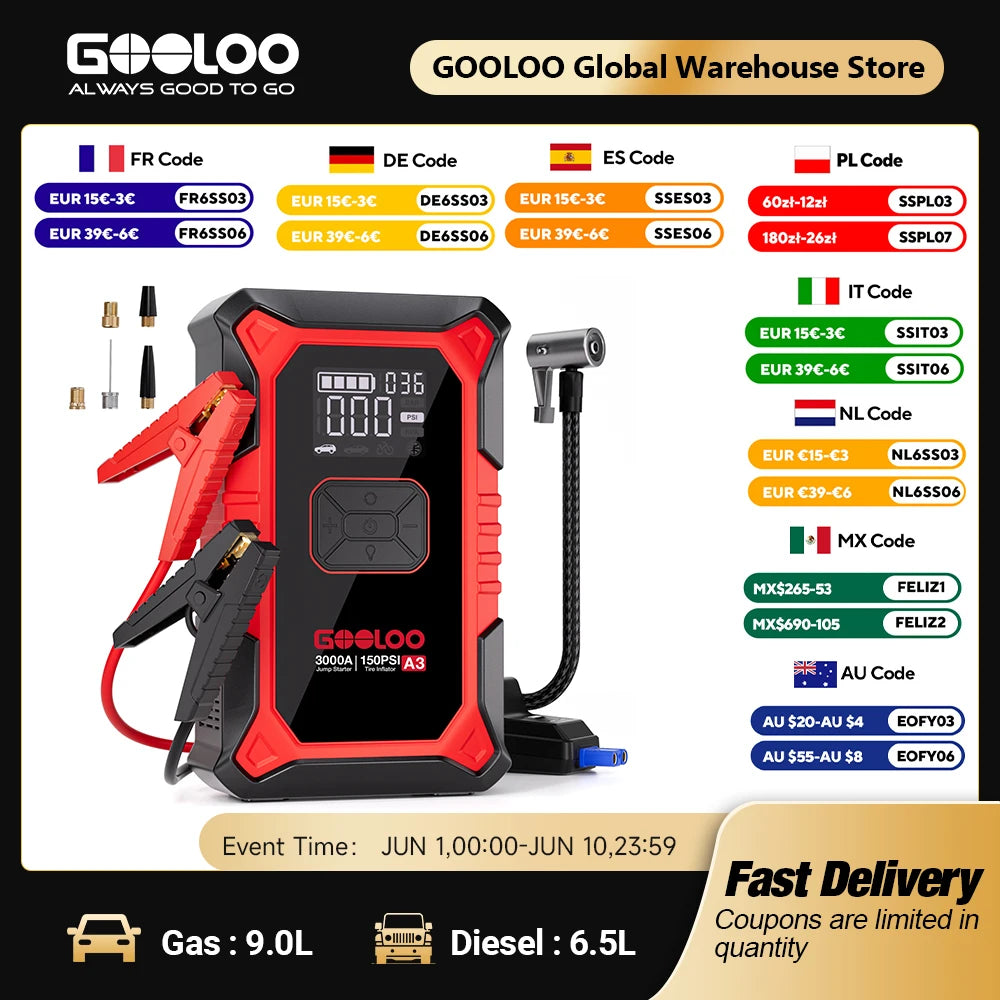 GOOLOO A3 Jump Starter with Air Compressor, 3000A Portable Car Battery Booster (9.0 Gas/6.5L Diesel) with 150PSI Auto-Shutoff Ti