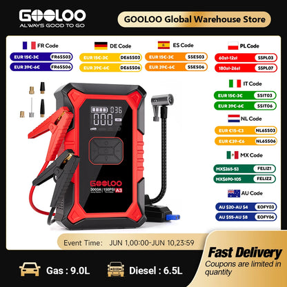 GOOLOO A3 Jump Starter with Air Compressor, 3000A Portable Car Battery Booster (9.0 Gas/6.5L Diesel) with 150PSI Auto-Shutoff Ti