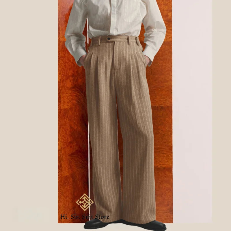 Men's High-Street Vintage Striped Pants Drapey Silhouette Melange Old Money Style Elegant Casual Trousers for Gentlemen Fashion