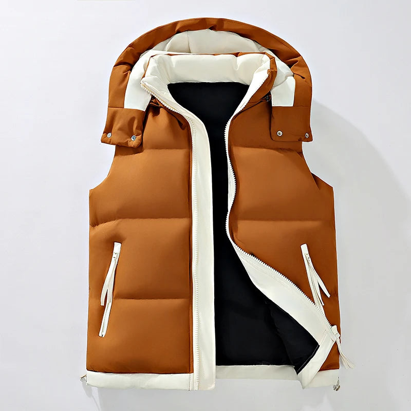 Men's Color-Block Puffer Vest with Removable Hood - Zip Closure & Flap Pockets, Water-Resistant Warm for Winter Casual Outfits