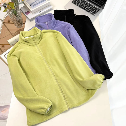 4XL Fashion Plus Size Women's Zipper Hoodie 2025 Winter Simple Warm Fleece Stand Collar Jacket Solid Color Sweatshirt 2606