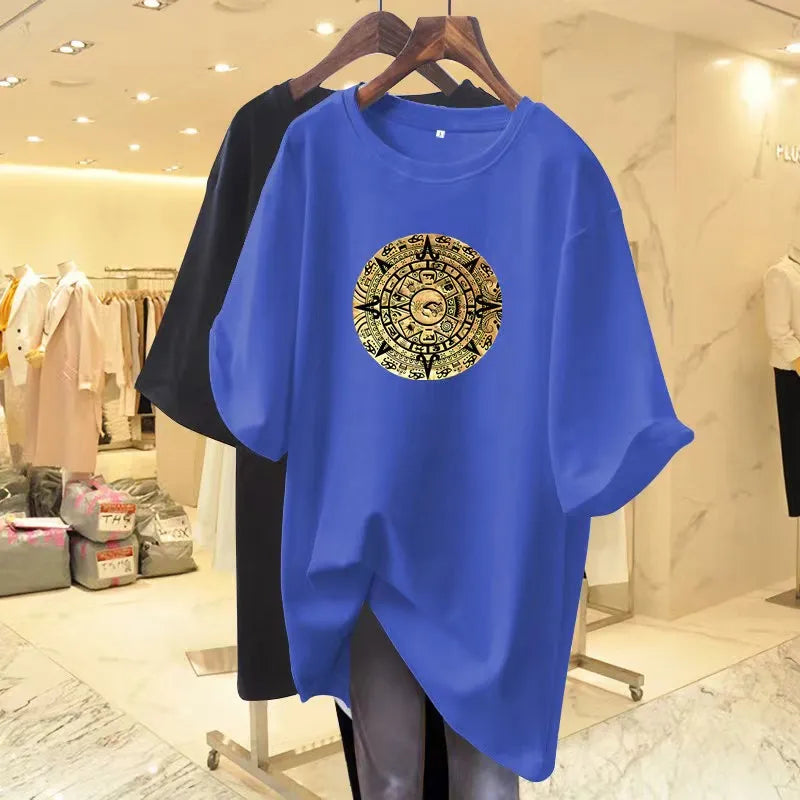 Women Fashion Pure Cotton Y2k Short Sleeve T-shirt Summer Casual Loose Paisley Printing Top Tee Office Lady Basic Pullover M-6XL