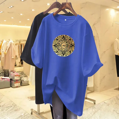 Women Fashion Pure Cotton Y2k Short Sleeve T-shirt Summer Casual Loose Paisley Printing Top Tee Office Lady Basic Pullover M-6XL