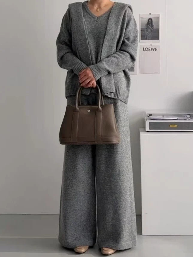 Loose V-neck Knitwear Women's Fashion Sweater Small Shoulder Drape Wide Leg Pants Autumn Three-piece Set Korean Style