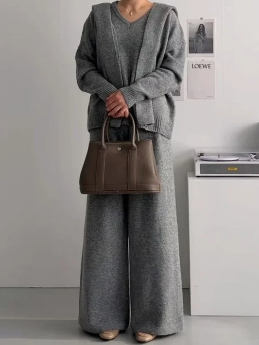 Loose V-neck Knitwear Women's Fashion Sweater Small Shoulder Drape Wide Leg Pants Autumn Three-piece Set Korean Style