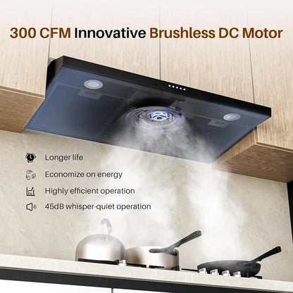 Black Under Cabinet Range Hood 36 Inch, Ducted/Ductless Convertible Kitchen Hood with 3 Speed Exhaust Fan, 300 CFM, LED