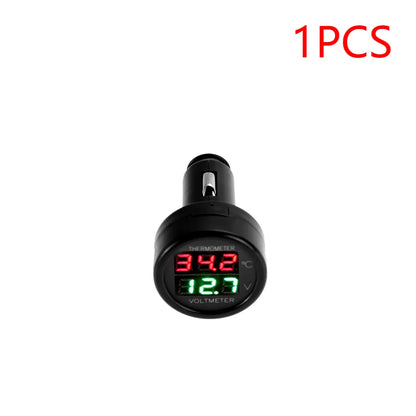 2 IN 1 12V 24V Car Voltmeter Thermometer Cigarette Lighter Car Battery Monitor LED Digital Dual Display For Cars Trucks RVs Boat