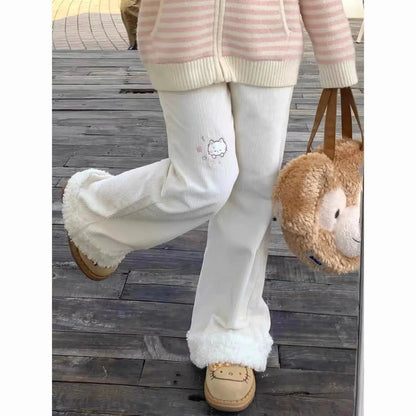 Corduroy  Embroidery Lamb Fur Patchwork Loose Micro Flare Autumn Winter Fleece Lined Slimming Cute Wide Leg Pants Women