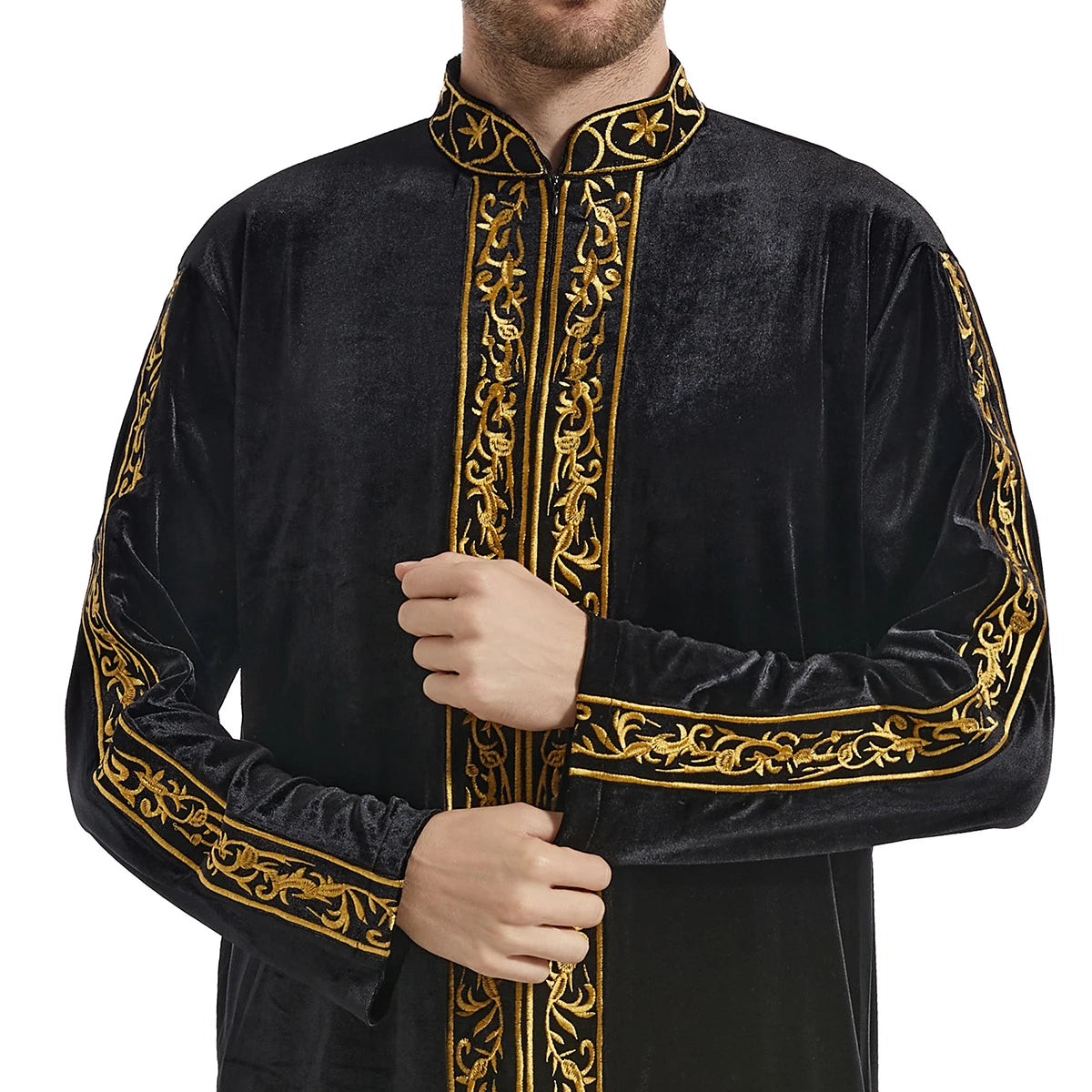 TH825 Men's Muslim Middle Eastern Men Long Sleeves Velvet Embroidered Zipper Robe Ramadan Eid Jubba Thobe