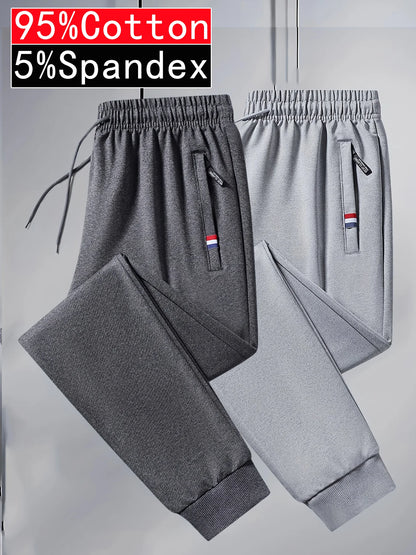2-piece Black Pants Autumn Men's Stretch Belt Zipper Pocket Jogging Elastic Cotton Fitness Sport Suitable Gym Hiking Daily Wear