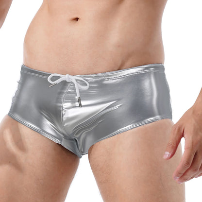 Men Latex PVC Shiny Leather Solid Shorts Pole Dance Costume Bulge Pouch Boxer Briefs Underpants Underwear Short Pants Clubwear