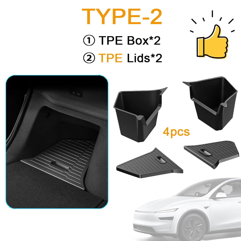 For 2025 2026 Tesla Model Y Juniper Rear Trunk Side Storage Box Trunk Bins Flocking or TPE Cover Trunk Organizer Mats Accessorie