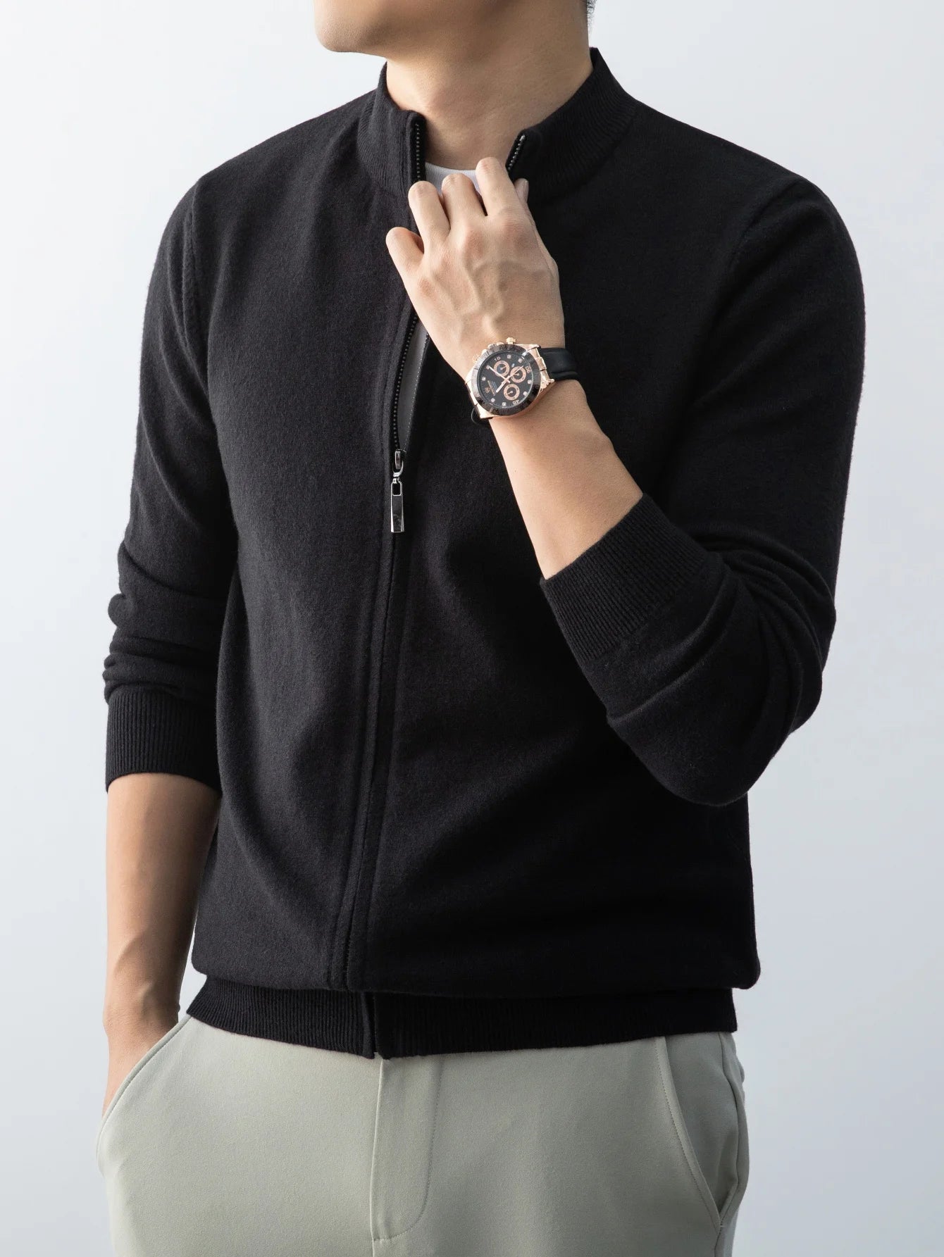 Wool Knitted Cardigan Men's 2026 New Spring and Autumn Fashion Stand-up Collar Top Casual Zipper Sweater Business Casual Jacket