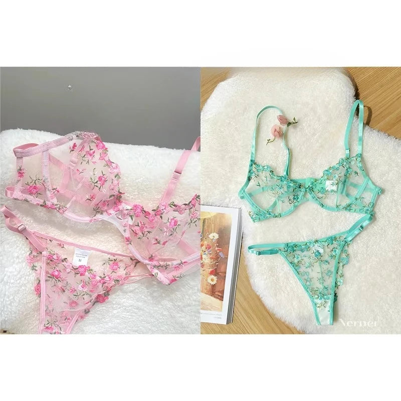 Sweet Sexy Lace Lingerie Set, Floral Embroidery Sheer Mesh, Thin Cooling, Big Bust Relief, Japanese Daily Women Underwear 32-38